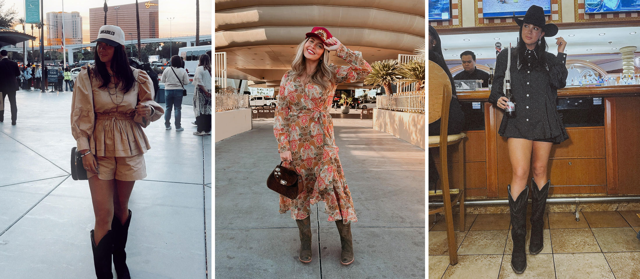 A collage of woman wearing Justin western boots.